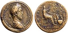 Roman Imperial Commodus Æ Medallion. Rome, AD 183-184. M AVREL COMMODVS ANTONINVS AVG PIVS, laureate, draped and cuirassed bust to right / P M TR P VIIII IMP VI COS IIII P P, Pomona seated to right, h