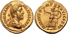 Roman Imperial Commodus AV Aureus. Rome, AD 190-191. M COMM ANT P FEL AVG BRIT P P, laureate, draped and cuirassed bust to right / MIN•AVG•P M TR P XVI COS VI, Minerva hurrying to right, head reverted
