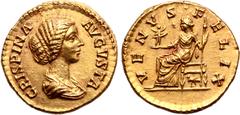 Roman Imperial Crispina (wife of Commodus) AV Aureus. Rome, AD 180-183. CRISPINA AVGVSTA, draped bust to right, hair arranged in chignon / VENVS•FELIX, Venus seated to left, holding Cupid and sceptre;