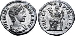 Roman Imperial Julia Mamaea (mother of S. Alexander) AR Denarius. Rome, AD 230. IVLIA MAMAEA AVG, diademed and draped bust to right / FELICITAS PVBLICA, Felicitas seated to left, holding caduceus and 