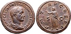 Roman Imperial Gordian I Africanus Æ Sestertius. Rome, AD 238. IMP CAES M ANT GORDIANVS AFR AVG, laureate, draped and cuirassed bust to right / P M TR P COS P P, emperor, laureate and togate, standing