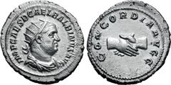 Roman Imperial Balbinus AR Antoninianus. Rome, AD 238. IMP CAES D CAEL BALBINVS AVG, radiate, draped and cuirassed bust to right / CONCORDIA AVGG, clasped hands. RIC IV 10; BMCRE 67; RSC 3. 5.17g, 23m