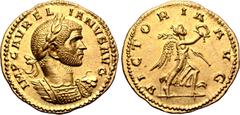 Roman Imperial Aurelian AV Aureus. Tripolis, AD 273. IMP C AVRELIANVS AVG, laureate and cuirassed bust to right, with aegis on far shoulder / VICTORIA AVG, Victory advancing to right, holding wreath a
