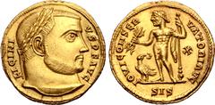 Roman Imperial Licinius I AV Aureus. Siscia, AD 316. LICINIVS P F AVG, laureate head to right / IOVI CONSERVATORI AVG, Jupiter standing facing, head to left, holding thunderbolt and sceptre; at his fe