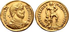 Roman Imperial Julian II AV Solidus. Antioch, AD 361-363. FL CL IVLIANVS P P AVG, pearl-diademed, draped and cuirassed bust to right / VIRTVS EXERCITVS ROMANORVM, soldier standing to right, head to le