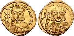 Byzantine Constantine V Copronymus, with Leo III, AV Solidus. Constantinople, AD 745-750. C LЄON P A MЧL, crowned and draped bust of Leo facing, holding cross potent and akakia / C CONSƮANƮINЧ, crowne