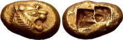 Greek Kingdom of Lydia, Alyattes EL Trite - 1/3 Stater. Sardes, circa 600-561 BC. Head of roaring lion to right, sunburst with five rays on forehead / Two incuse square punches. GRPC Lydia G25; Weidau