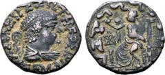 Greek Indo-Greek Kingdom, Hermaios Soter CU Tetradrachm. Posthumous issue struck by Indo-Skythians near Kabul, circa 50-5 BC. Diademed and draped bust to right; ΒΑΣΙΛΕΩΣ ΣΩΤΗΡΟΣ ΗΡΜΑΙΟΥ around / Zeus 