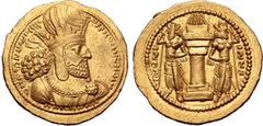 Greek Sasanian Kingdom, Shapur I AV Dinar. Mint I ("Ctesiphon"), Phase 2, circa AD 260-272. Draped bust to right, wearing diadem and mural crown surmounted by a korymbos / Fire-altar flanked by two re