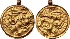 Greek Silk Road Region, Local Issue AV Bracteate. Imitating a solidus of Heraclius and Heraclius Constantine. Circa 5th - 8th centuries AD. Facing busts, each wearing chlamys and simple crown with cro