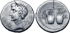 Roman Provincial Augustus AR Drachm of Masicytus, Lycia. 27-20 BC. Bare head to left; Λ-Υ across fields / Two citharas; aplustre in left field, M above A in right field. RPC I 3309d; SNG von Aulock -;
