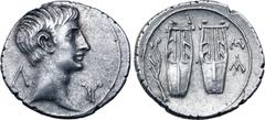 Roman Provincial Augustus AR Drachm of Masicytus, Lycia. 27-20 BC. Bare head to right; Λ-Υ across fields / Two citharas; aplustre in left field, M above A in right field. RPC I 3309; SNG von Aulock 43