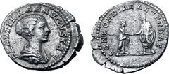 Roman Imperial Plautilla (wife of Caracalla) AR Denarius. Rome, AD 202. PLAVTILLAE AVGVSTAE, draped bust to right / CONCORDIAE AETERNAE, Plautilla and Caracalla standing facing, clasping hands. RIC IV