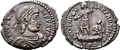 Roman Imperial Constans BI Centenionalis. Treveri, AD 348-350. D N CONSTANS P F AVG, pearl-diademed, draped and cuirassed bust to right / FEL TEMP REPARATIO, Emperor on galley to left, holding phoenix