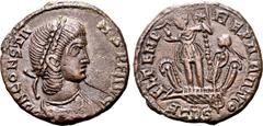 Roman Imperial Constans BI Centenionalis. Contemporary imitation of a Treveri mint issue, AD 348-350. D N CONSTANS P F AVG, pearl-diademed, draped and cuirassed bust to right / FEL TEMP REPARATIO, Emp