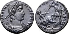 Roman Imperial Constantius II BI Centenionalis. Ambianum (Amiens), AD 353. D N CONSTANTIVS P F AVG, pearl-diademed, draped and cuirassed bust to right; A behind / [FEL TEMP] REPARATIO, soldier, shield