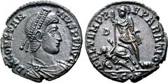 Roman Imperial Constantius II BI 18mm. Arelate, AD 353-355. D N CONSTANTIVS P F AVG, pearl-diademed, draped and cuirassed bust to right / FEL TEMP REPARATIO, soldier, shield on arm, spearing falling h