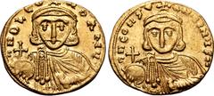 Byzantine Leo III 'the Isaurian', with Constantine V, AV Solidus. Constantinople, AD 724-731. ∂ NO LЄON P A MЧ', crowned bust of Leo facing, wearing chlamys, holding globus cruciger and akakia / ∂ N C
