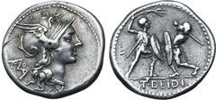 Roman Republic T. Didius AR Denarius. Rome, 113-112 BC. Helmeted head of Roma to right; monogram of ROMA behind, mark of value below / Two gladiators fighting, each holding a shield, one attacking wit