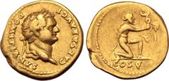 Roman Imperial Domitian, as Caesar, AV Aureus. Rome, AD 77-78. CAESAR AVG F DOMITIANVS, laureate head to right / Captive kneeling to right, offering up standard with vexillum; COS V in exergue. RIC II