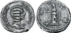 Roman Imperial Julia Domna (mother of Caracalla) AR Denarius. Rome, AD 211-217. IVLIA PIA FELIX AVG, draped bust to right / VESTA, Vesta standing to left, holding palladium and sceptre. RIC IV 390 (Ca