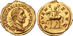 Roman Imperial Trajan Decius AV Aureus. Rome, AD 249-251. IMP C M Q TRAIANVS DECIVS AVG, laureate, draped and cuirassed bust to right / ADVENTVS AVG, Emperor on horseback to left, raising hand in salu