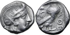 Greek Attica, Athens AR Tetradrachm. Circa 400/390-353 BC. Head of Athena to right, with profile eye, wearing crested Attic helmet ornamented with three olive leaves above visor and spiral palmette on