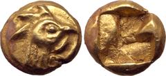 Greek Ionia, Uncertain mint EL 1/12 Stater. 560-530 BC. Head of cockerel facing to right / Quadripartite incuse square. Traité II 1, col. 111, pl. 3, 12 (1/24 Stater); Roma E-18, lot 274 (1/48 Stater 