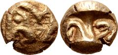 Greek Lydia or Ionia, uncertain mint EL Hekte - 1/6 Stater. Circa 600-560 BC. Lydo-Milesian Standard. 'Schematic', linear outline of conjoined, roaring lions' heads struck so one head is off the flan 