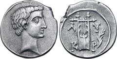 Roman Provincial Augustus AR Drachm of Cragus, Lycia. 27-20 BC. Bare head to right / Cithara; laurel branch in right field, Λ-Y and K-P across fields. RPC I 3307; SNG von Aulock 4311-4312; Troxell, Ly