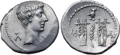 Roman Provincial Augustus AR Drachm of Masicytus, Lycia. 27-20 BC. Bare head to right; Λ-Υ across fields / Two citharas, with branch between; owl above and M-A to left and right. RPC I 3309c (online);