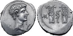 Roman Provincial Augustus AR Drachm of Masicytus, Lycia. 27-20 BC. Bare head to right; Λ-Υ across fields / Two citharas with aplustre between; M-A to left and right. RPC I 3309c (online); SNG von Aulo