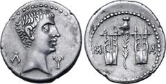 Roman Provincial Augustus AR Drachm of Masicytus, Lycia. 27-20 BC. Bare head to right; Λ-Υ across fields / Two citharas, with branch between; owl above and M-A to left and right. RPC I 3309c (online);