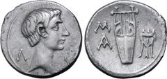 Roman Provincial Augustus AR Drachm of Masicytus, Lycia. 27-20 BC. Bare head to right; Λ-Υ across fields / Cithara; M above A in left field, tripod in right field. RPC I 3308; SNG von Aulock 4347-4348