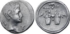 Roman Provincial Augustus AR Drachm of Masicytus, Lycia. 27-20 BC. Bare head to right; Λ-Υ across fields / Two citharas, with plectrum between, plectrum above and M-A to left and right. RPC I 3309c (o