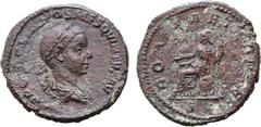 Roman Imperial Hostilian Æ As. Rome, AD 251. IMP CAE C VAL HOS MES QVINTVS AVG, laureate, draped and cuirassed bust to right / ROMAE AETERNAE, Roma seated to left on spoils, holding Victory and spear,