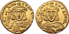 Byzantine Constantine V Copronymus, with Leo III, AV Solidus. Constantinople, AD 745-750. C LЄON PAMЧL, crowned and draped bust of Leo facing, holding cross potent and akakia / N CONSƮANƮIN[...], crow