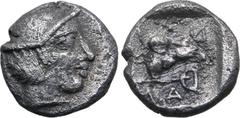 Greek Thessaly, Larissa AR Fraction. Circa 450-430 BC. Head of Jason(?) to right, wearing petasos / Leech fibulae (cloak pin), or petasos(?), above kerykeion to right; Λ-Α-Ρ around; all within shallow