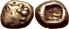 Greek Kingdom of Lydia, Alyattes EL Hemihekte - 1/12 Stater. Sardes, circa 600-561 BC. Head of roaring lion to right, sunburst on forehead / Incuse square punch. GRPC Lydia G30; Weidauer group XVI, 90