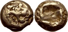 Greek Kingdom of Lydia, Alyattes EL Hemihekte - 1/12 Stater. Sardes, circa 600-561 BC. Head of roaring lion to right, sunburst on forehead / Incuse square punch. GRPC Lydia G30; Weidauer group XVI, 90