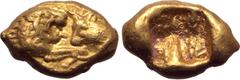 Greek Kingdom of Lydia, Kroisos AV 1/12 Stater. Heavy standard. Sardes, 550-520 BC. Confronted foreparts of roaring lion to right, with extended foreleg, and bull to left / Incuse square. GRPC Lydia G