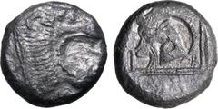 Greek Cyprus, uncertain mint AR Stater - Double Siglos. Circa 515-485 BC. Lion's head to right / Goat's head to left; Cypriot 'E' to lower right, all within square incuse with dotted border. Traité II
