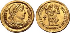 Roman Imperial Valens AV Solidus. Antioch, AD 364-367. D N VALENS PER F AVG, pearl-diademed, draped and cuirassed bust to right / RESTITVTOR REIPVBLICAE, Emperor standing facing, head to right, holdin