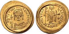 Byzantine Justinian I AV Solidus. Constantinople, AD 545-565. D N IVSTINIANVS P P AVC, helmeted and cuirassed bust facing, holding globus cruciger and shield decorated with horseman motif / VICTORIA A