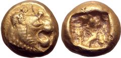 Greek Kingdom of Lydia, Alyattes EL Hemihekte - 1/12 Stater. Sardes, circa 600-561 BC. Head of roaring lion to right, rayed sunburst on forehead / Incuse square punch. GRPC Lydia G29; Weidauer group X