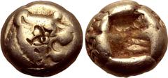 Greek Kingdom of Lydia, Alyattes EL Hemihekte - 1/12 Stater. Sardes, circa 600-561 BC. Head of roaring lion to right, sunburst on forehead / Incuse square punch. GRPC Lydia G30; Weidauer group XVI, 90