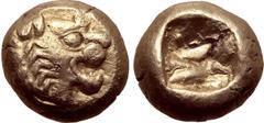 Greek Kingdom of Lydia, Alyattes EL Hemihekte - 1/12 Stater. Sardes, circa 600-561 BC. Head of roaring lion to right, sunburst on forehead / Incuse square punch. GRPC Lydia G30; Weidauer group XVI, 90