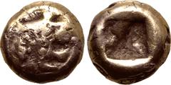 Greek Kingdom of Lydia, Alyattes Fourée (?) Hemihekte - 1/12 Stater. Sardes, circa 600-561 BC. Head of roaring lion to right, sunburst on forehead / Incuse square punch. Cf. GRPC Lydia G30; Weidauer g
