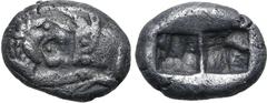 Greek Kingdom of Lydia, time of Kyros - Darios I AR Siglos. Sardes, circa 550-520 BC. Confronted foreparts of lion to right and bull to left / Two incuse square punches of unequal size. GRPC Lydia S3;