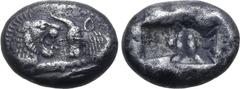 Greek Kingdom of Lydia, time of Kyros - Darios I AR Siglos. Sardes, circa 550-520 BC. Confronted foreparts of lion to right and bull to left / Two incuse square punches of unequal size. GRPC Lydia S3;